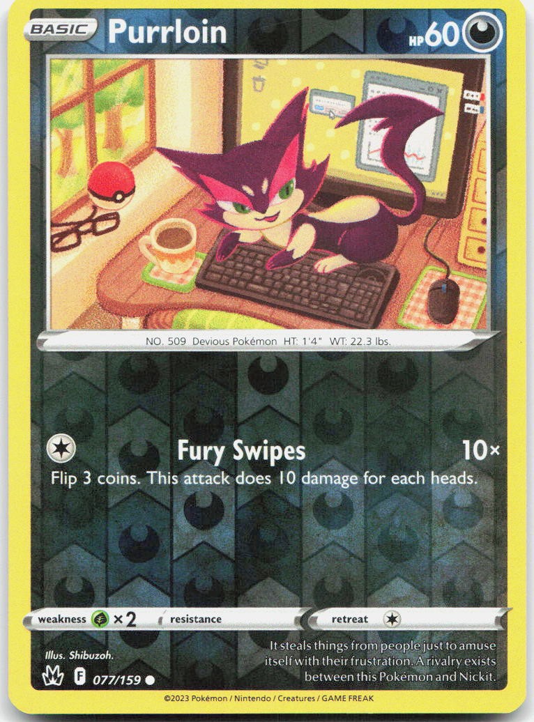 Purrloin 077/159 Common Crown Zenith Pokemon Reverse Holo Near Mint