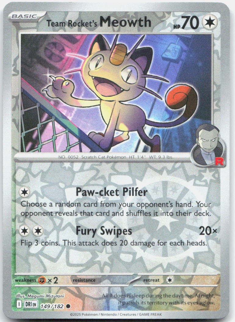Team Rocket's Meowth 149/182 Common Destined Rivals Pokemon Reverse Holo NM