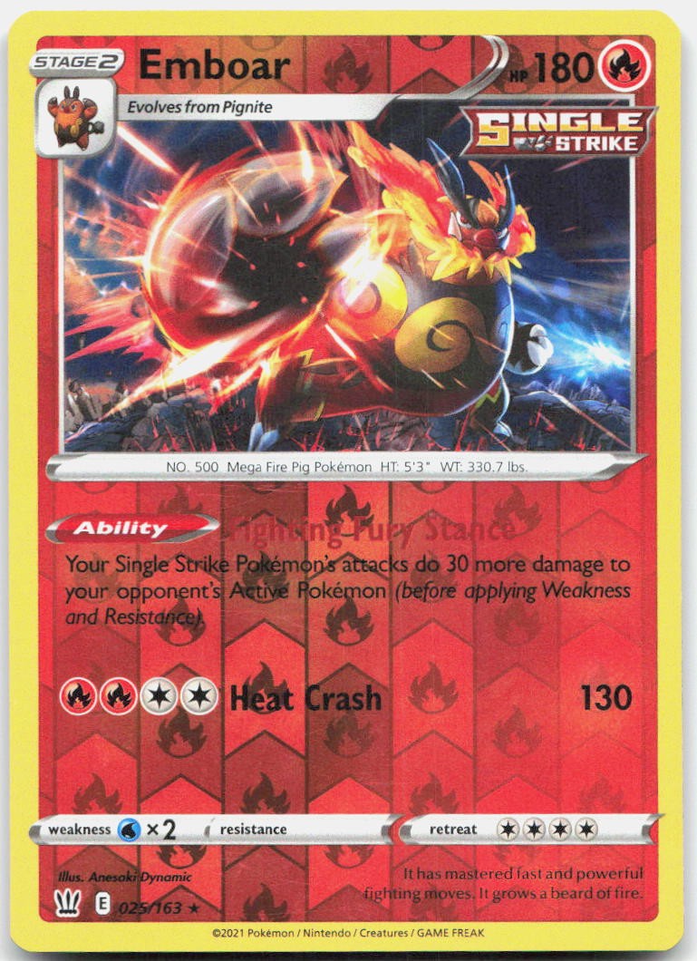 Emboar 025/163 Rare Battle Styles Pokemon Reverse Holo Near Mint