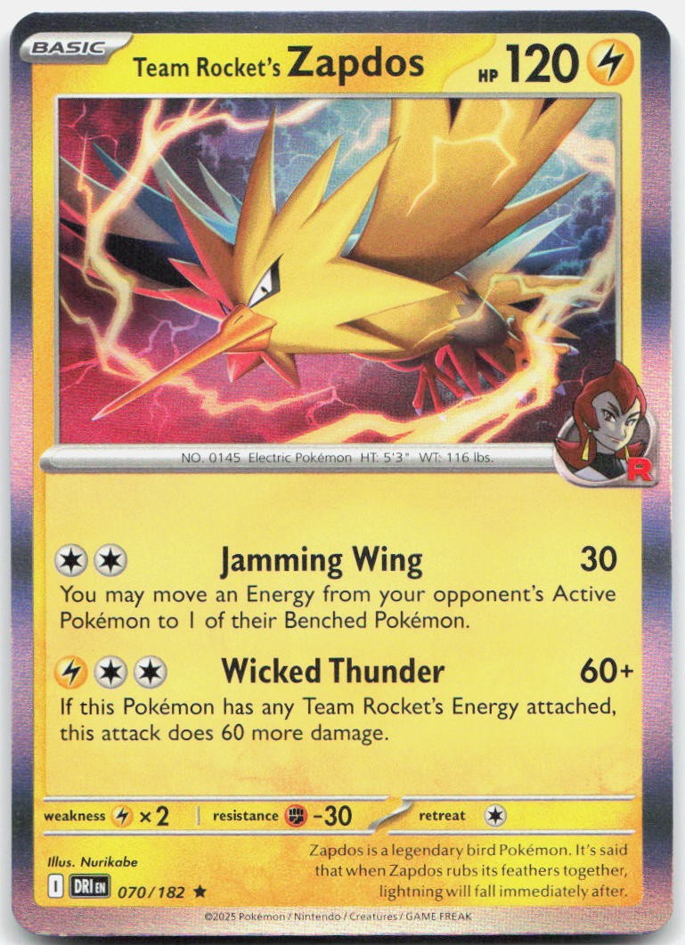 Team Rocket's Zapdos 070/182 Rare Destined Rivals Pokemon Holo Near Mint