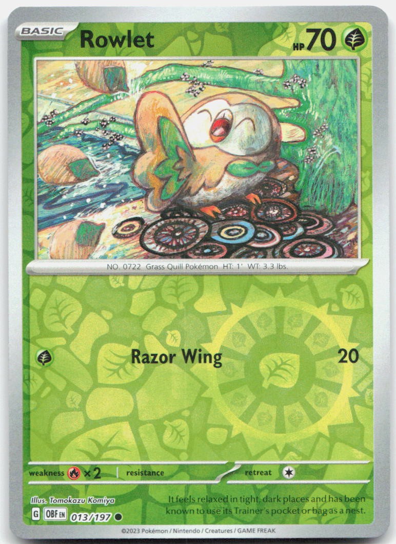Rowlet 013/197 Common Obsidian Flames Pokemon Reverse Holo Near Mint