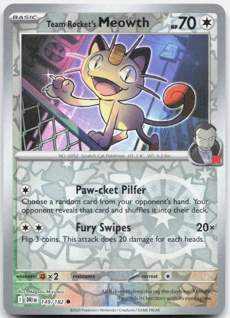 Team Rocket's Meowth 149/182 Common Destined Rivals Pokemon Reverse Holo NM