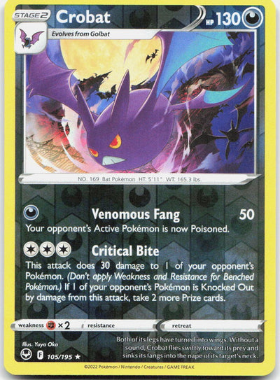 Crobat 105/195 Rare Silver Tempest Pokemon Reverse Holo Near Mint