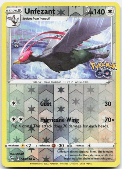 Unfezant Reverse Holo Uncommon Pokemon GO 063/078 NM