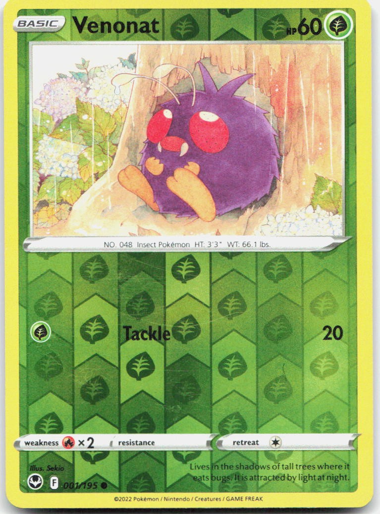 Venonat 001/195 Common Silver Tempest Pokemon Reverse Holo Near Mint