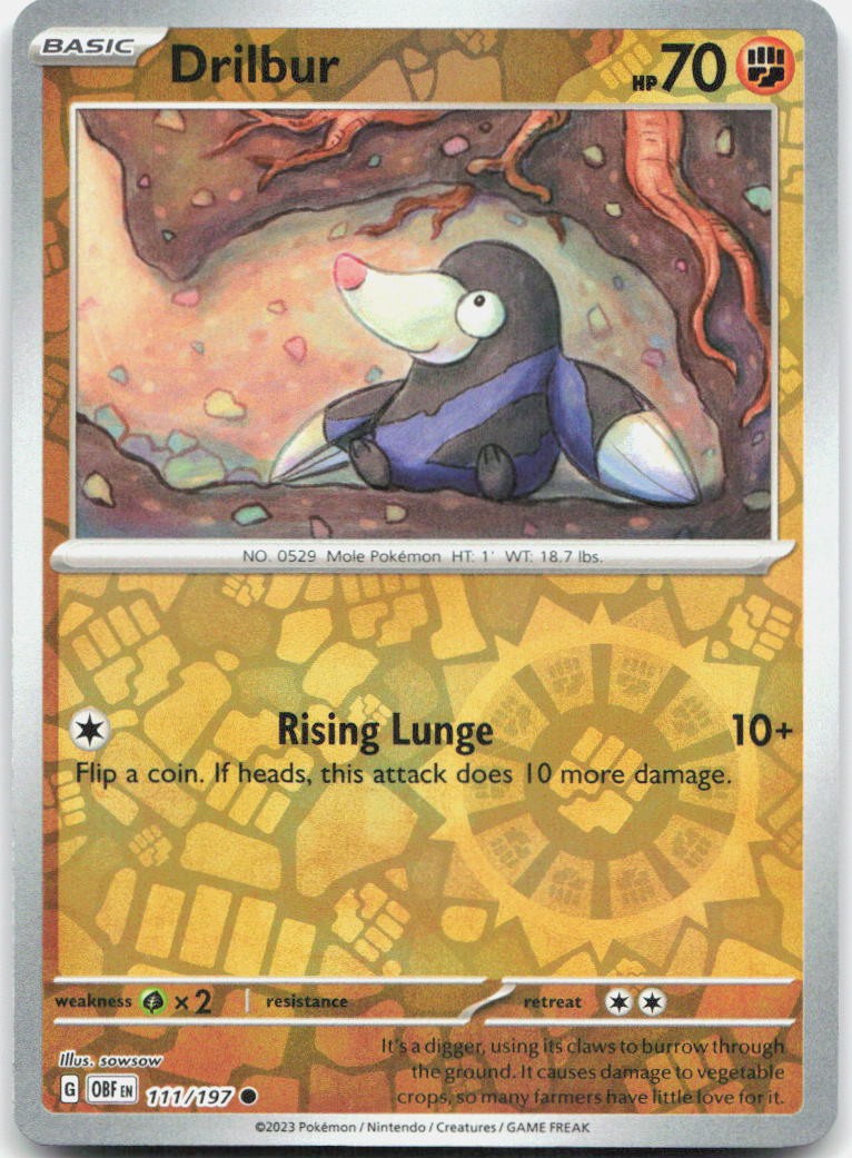 Drilbur 111/197 Common Obsidian Flames Pokemon Reverse Holo Near Mint
