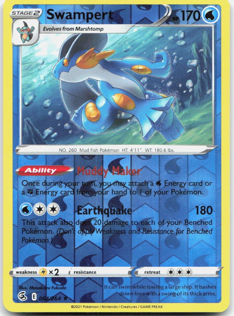 Swampert 064/264 Rare Fusion Strike Pokemon Reverse Holo Near Mint