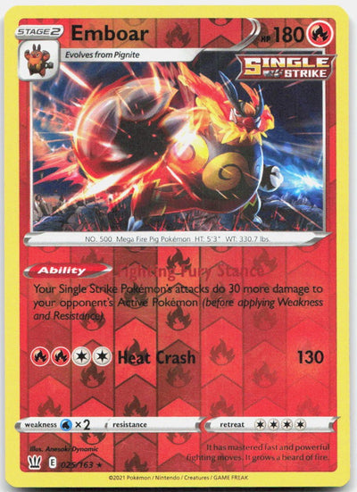 Emboar 025/163 Rare Battle Styles Pokemon Reverse Holo Near Mint