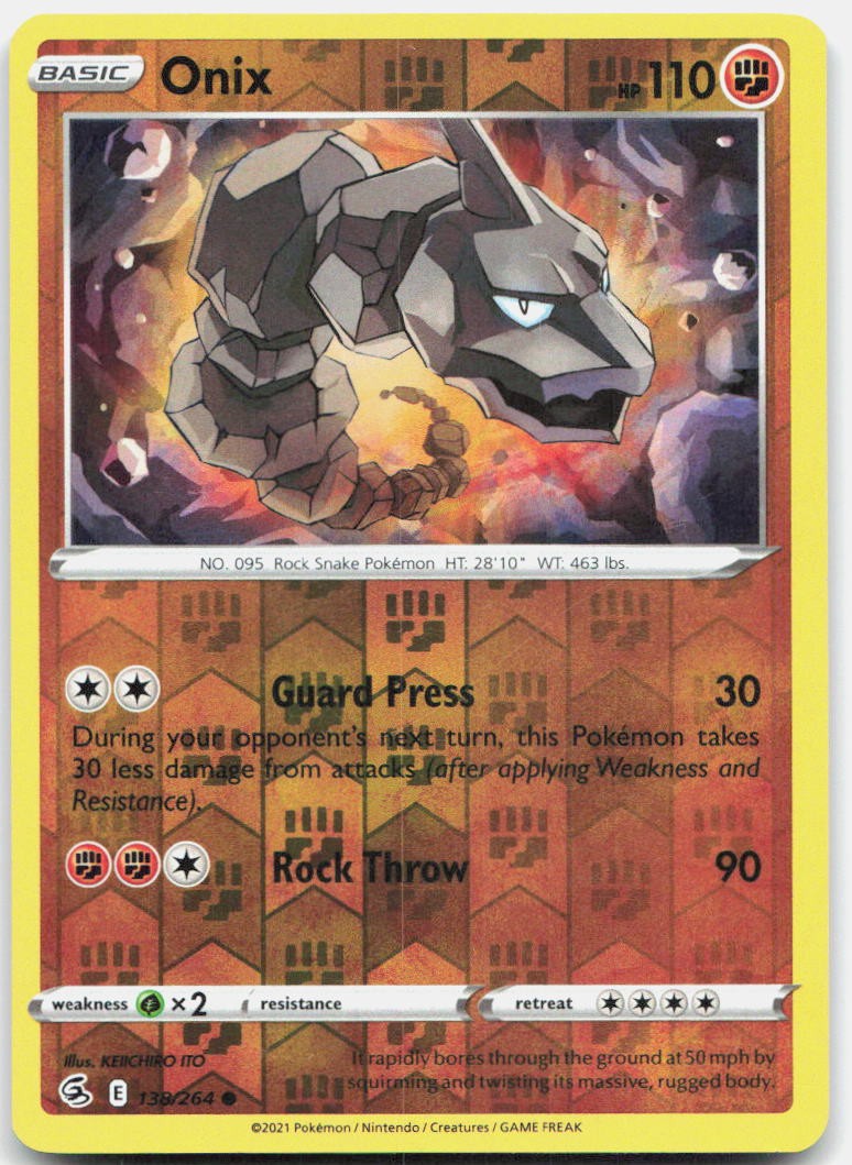Onix 138/264 Common Fusion Strike Pokemon Reverse Holo Near Mint