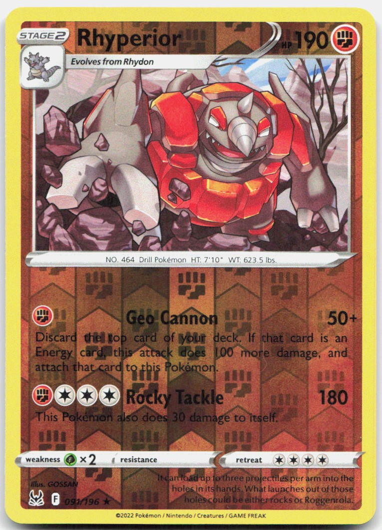 Rhyperior Reverse Holo Rare SWSH11: Lost Origin 091/196 NM