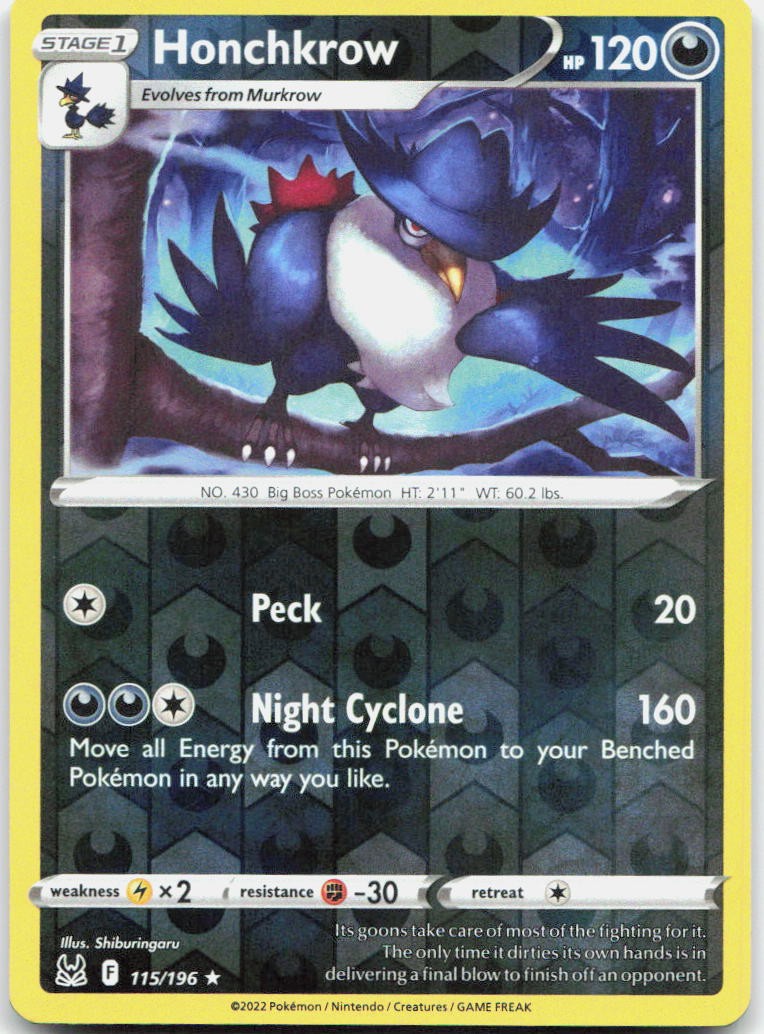 Honchkrow Reverse Holo Rare SWSH11: Lost Origin 115/196 NM