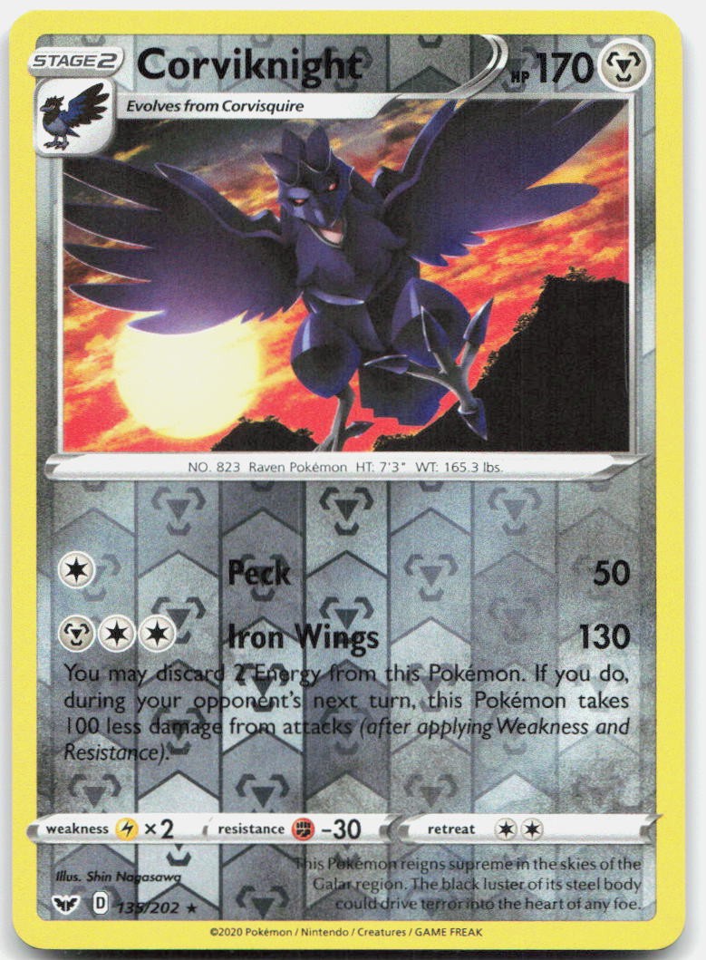 Corviknight 135/202 Rare Sword & Shield Pokemon Reverse Holo Near Mint