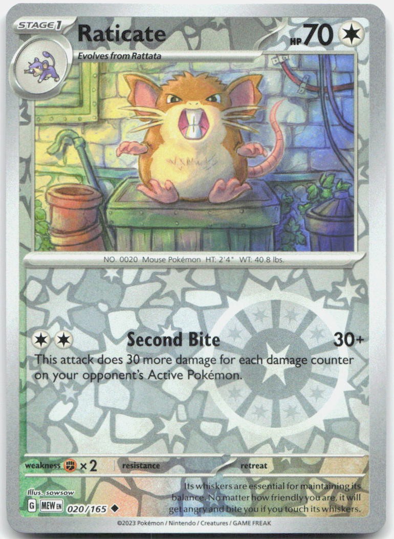 Raticate 020/165 Uncommon 151 Pokemon Reverse Holo Near Mint