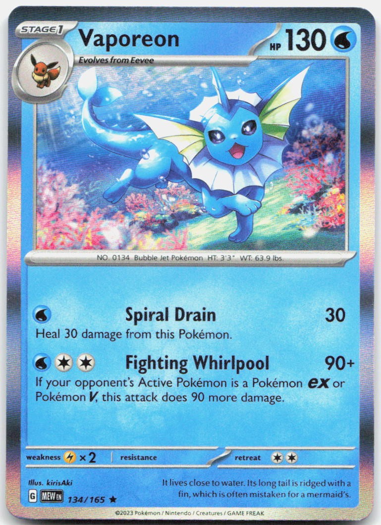 Vaporeon 134/165 Rare 151 Pokemon Holo Near Mint